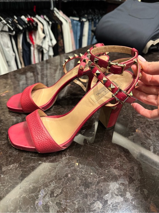 Valentino Garavani Shoes - Valentino Garavani Red Leather Rockstud Block Heel Sandals